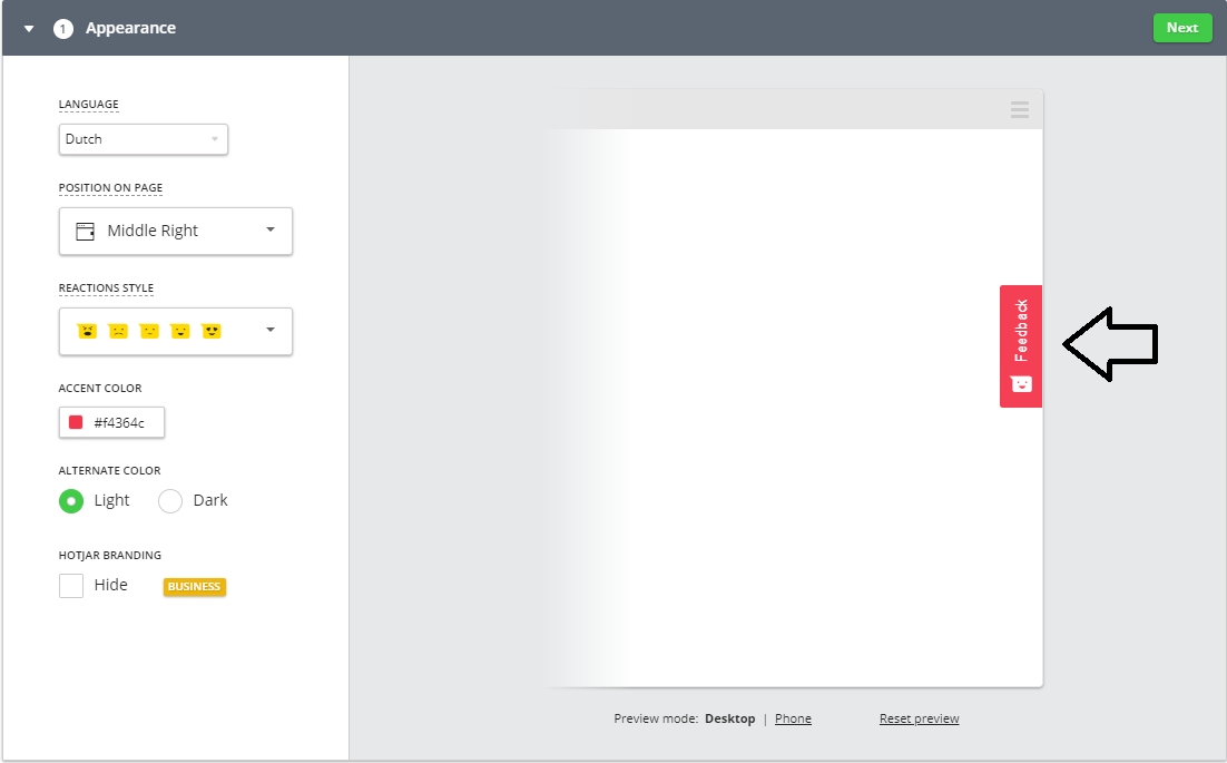 Voorbeeld van hoe een feedback widget te zien is op jouw website in de kantlijn