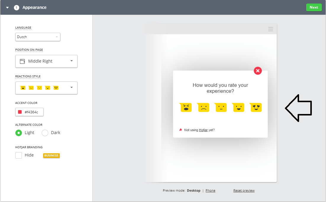 Emoticons worden zichtbaar als je de feedback widget aanklikt in de kantlijn van je website