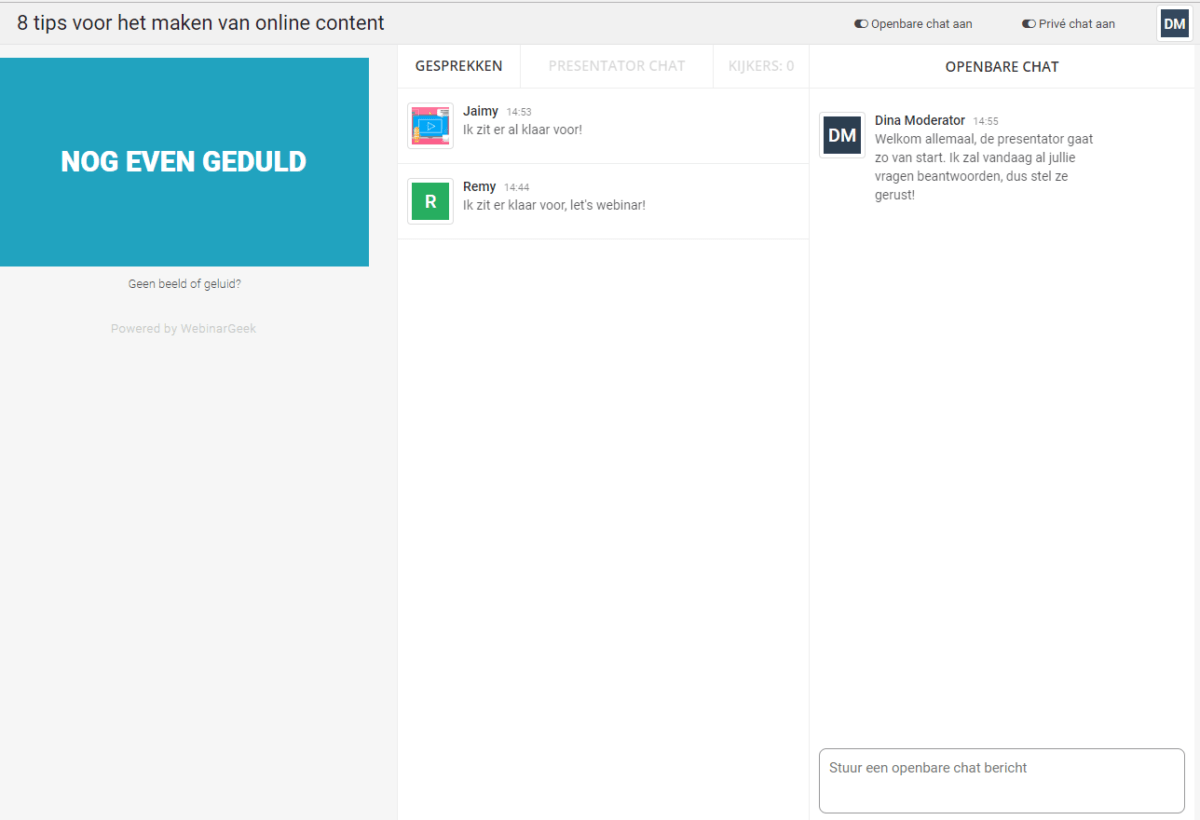Een screenshot van hoe de moderator rechts in beeld het gesprek met de deelnemers managed.