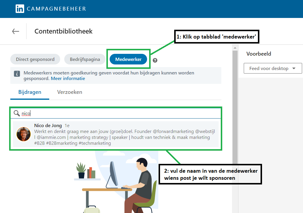 Post van medewerker opzoeken en sponsoren binnen de LinkedIN advertentie omgeving